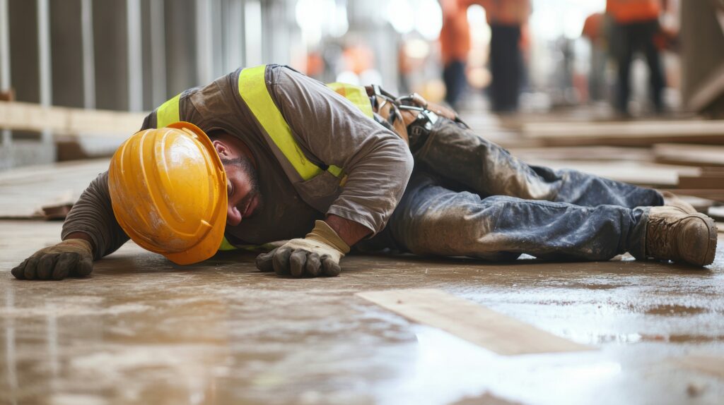 Injured construction worker lying on the ground, highlighting the importance of Workers Compensation Training in preventing workplace accidents and ensuring proper coverage for injured employees. The image emphasizes workplace safety measures and the necessity of comprehensive workers compensation insurance.