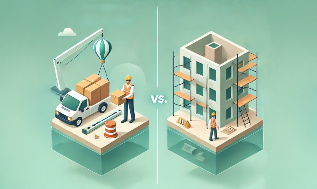 Installation Floater vs Builder Risk insurance comparison, highlighting the differences between coverage for materials in transit and on-site construction risks. The left side represents the transportation and delivery of construction materials under an Installation Floater policy, while the right side illustrates an active building construction site covered by Builder Risk insurance, ensuring proper coverage for each scenario.