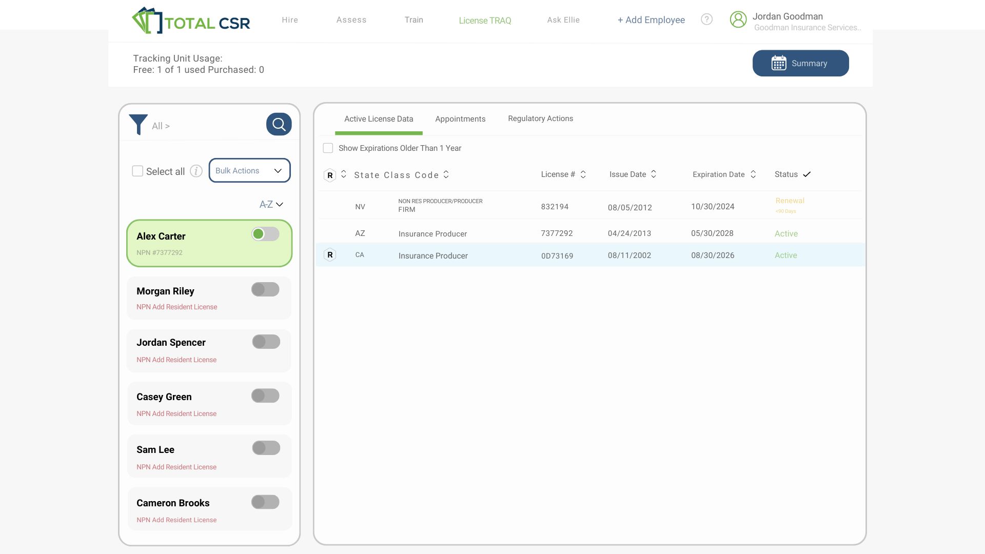 Screenshot of Total CSR's compliance management software for license tracking