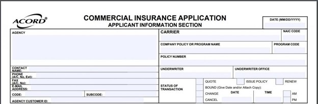 ACORD 125 commercial insurance application showing agency details, producer license numbers, and transaction status options for quoting or binding coverage