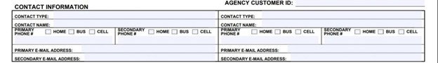 Contact information section capturing named insured’s business contact details, phone numbers, and email addresses for commercial insurance applications.