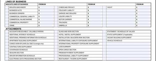 ACORD 125 lines of business section displaying coverage options such as commercial general liability, property, crime, business auto, umbrella, and available policy attachments.