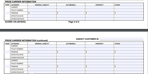 Prior carrier information section detailing policy years, carrier names, policy numbers, coverage categories, premium amounts, and effective/expiration dates.