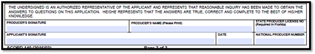 Signature fields for both producer and insured, confirming the accuracy of information for commercial property insurance coverage.