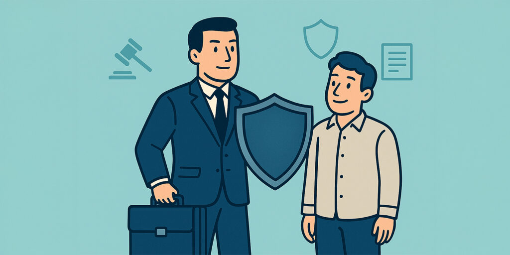 Flat-style digital illustration depicting an insurance agent in a navy suit holding a shield and briefcase, standing protectively in front of a casually dressed client. Set against a light teal background, the image symbolizes the "duty to defend" concept, with clean lines and minimalistic legal and insurance icons reinforcing the protective role of insurers.