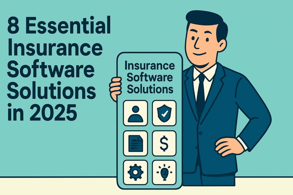 Wide 16:9 flat-style digital illustration featuring a professional in a navy suit standing beside a large, wide computer monitor that displays eight neatly arranged icons representing insurance software solutions for 2025. The modern design includes subtle charts, graphs, and interface symbols on a gradient teal background, symbolizing innovation and technological advancement in the insurance industry.