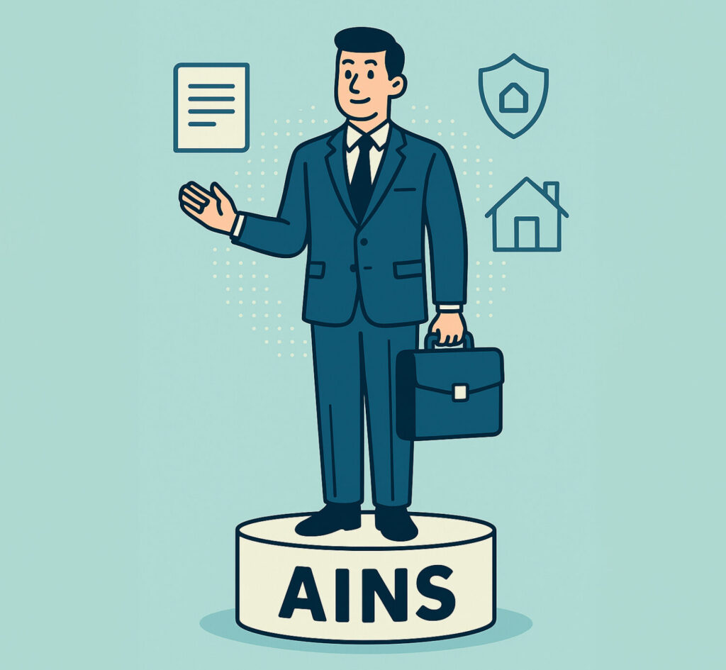 Flat-style digital illustration of a professional man in a navy suit standing confidently on a circular pedestal labeled "AINS." He holds a briefcase and gestures outward, surrounded by icons representing documents, a house, and a shield. The image symbolizes the foundational knowledge provided by the AINS insurance designation.