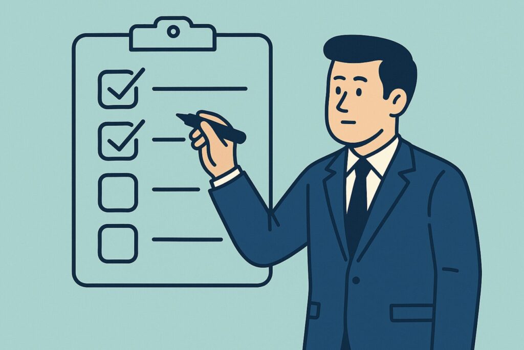 Flat-style digital illustration of a male professional in a navy suit checking off items on a large checklist with a black marker. The background is light teal, and the checklist features four boxes, two of which are marked, symbolizing progress toward meeting the AINS insurance designation requirements.