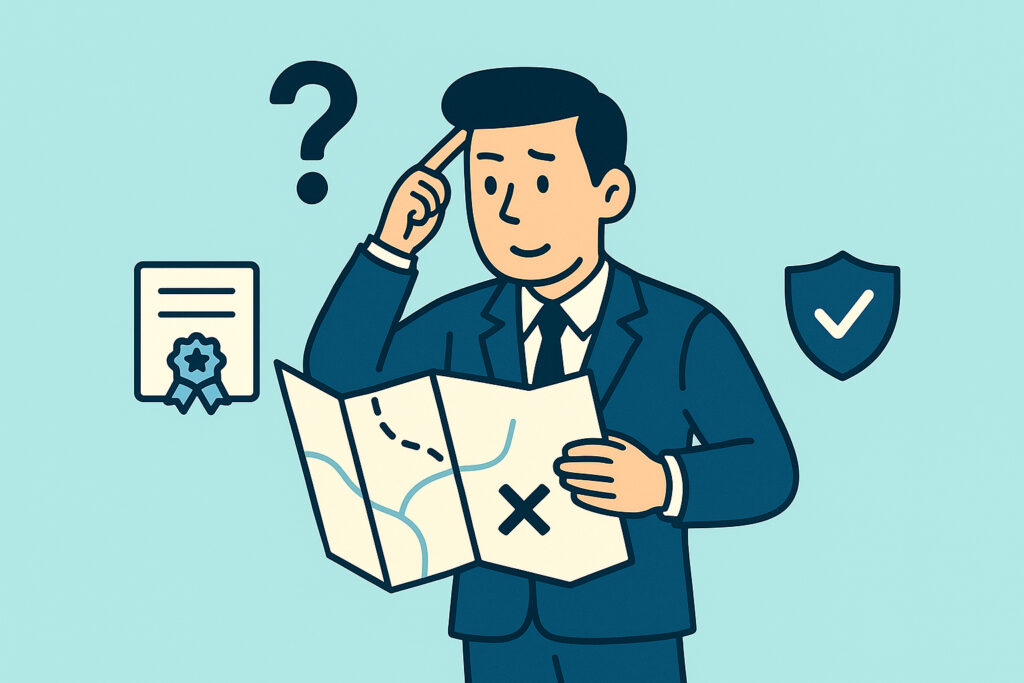 Flat-style digital illustration of a confused professional man in a navy suit holding an unfolded map with a large "X" marked on it. He scratches his head with a puzzled expression, standing against a light teal background. Icons of a certificate and shield surround him, symbolizing uncertainty about the next steps toward earning the AINS insurance designation.