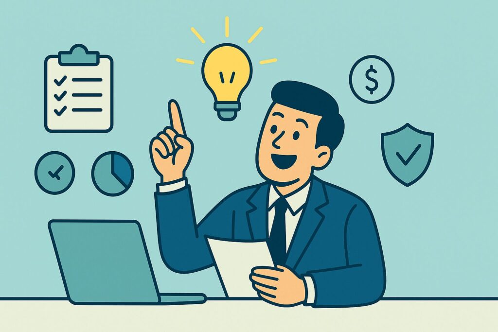 Flat-style digital illustration of a professional man in a navy suit sitting at a desk, smiling with a raised finger as a glowing lightbulb appears above his head. Surrounded by icons such as a checklist, pie chart, dollar sign, and shield, the image symbolizes an epiphany or conclusion about essential insurance software solutions for agencies.