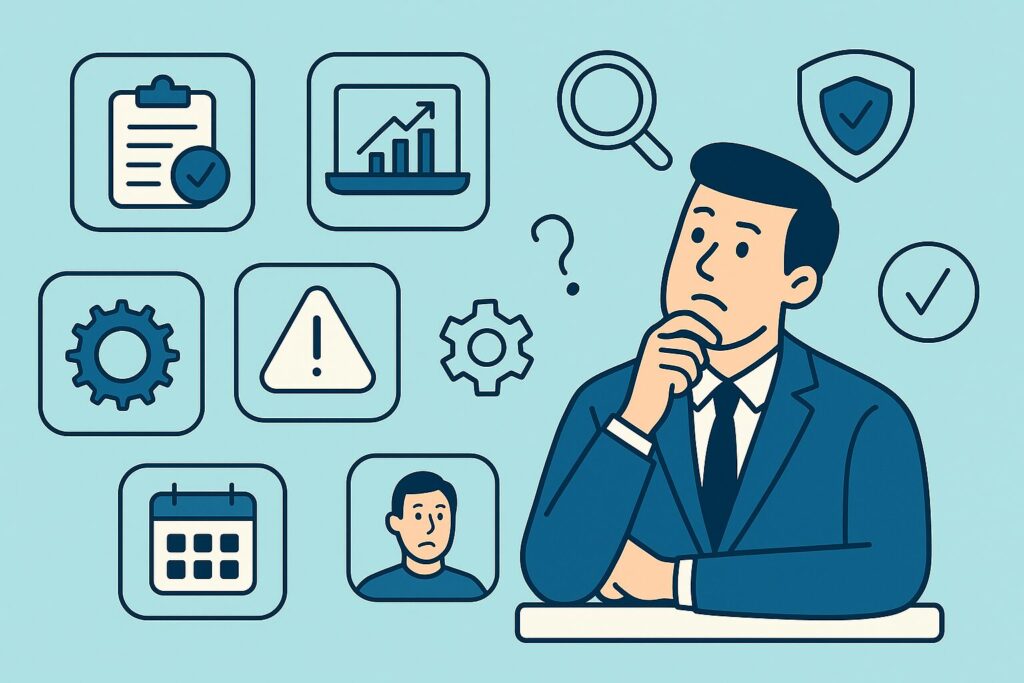 Flat-style digital illustration of a professional man in a navy suit sitting at a desk with a thoughtful expression, surrounded by icons representing insurance software features such as checklists, charts, settings, alerts, user profiles, and shields. The light teal background and clean layout reflect the process of evaluating and choosing the right insurance software for an agency.