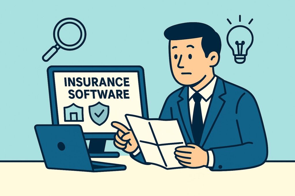 Flat-style digital illustration of a professional man in a navy-blue suit sitting at a desk, studying a laptop screen labeled "Insurance Software." Surrounded by icons of a magnifying glass, shield, and lightbulb on a light teal background, the image represents the process of researching and selecting the right insurance software.
